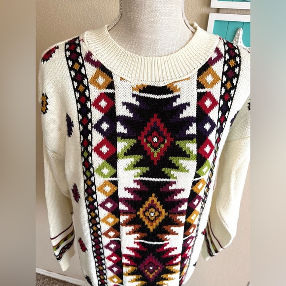 Vintage 80s Beldochpopper Crewneck Cream Aztec oversized grandpa Sweater Size M - Picture 5 of 13